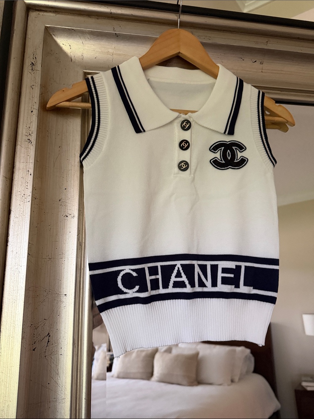 NWOT White and Navy Sleeveless Polo Knit Tank